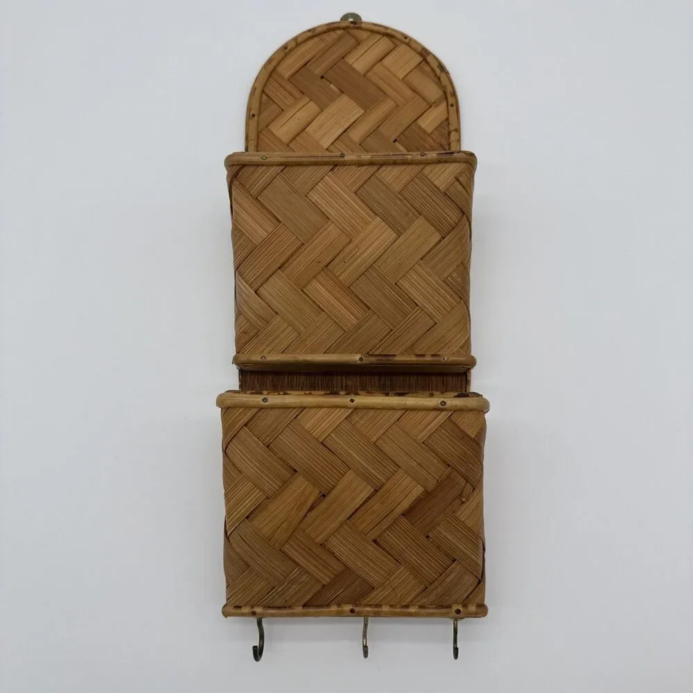 Vintage Bamboo Woven Letter Holder Wall Storage Herringbone Hong Kong